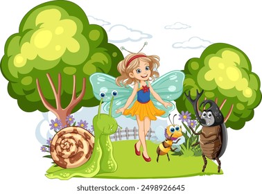 A fairy with insect friends in a forest
