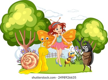 A fairy with insect friends in a garden