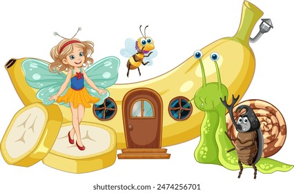 Fairy with insects near a banana house