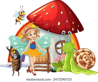 Fairy with insects near a mushroom house