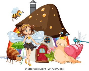 Fairy with insects near a mushroom house