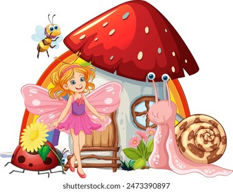 Fairy with insects near a mushroom house