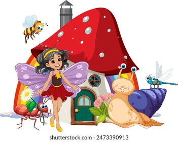 Fairy with insects near a mushroom house