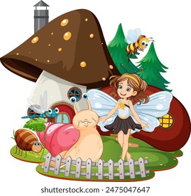 Fairy with insects near a mushroom house
