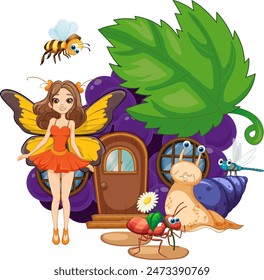 Fairy with insects near a whimsical house