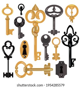 Fairy keys set in vector. Key from door. Retro illustration. Set for games, books, illustrations, website. Victorian style.