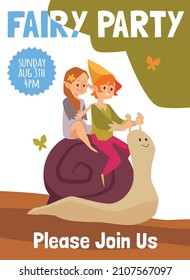 Fairy kids party fantasy invitation banner or card with fairies or elves characters, flat vector illustration. Poster layout for children thematic and birthday party.