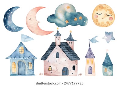 Fairy kingdom, clouds, moon, stars. Cute watercolor houses. Watercolor childish elements. Scandinavian castle. 