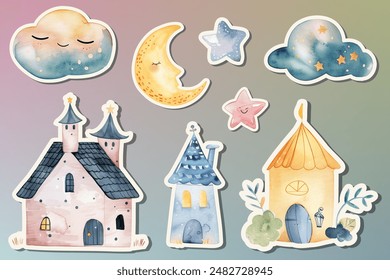 Fairy kingdom stickers clouds, moon, stars. Cute watercolor houses. Watercolor childish elements. Scandinavian castle.