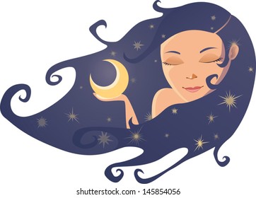 Fairy lady holding shining crescent in her hand