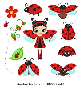 Fairy in ladybug costume with ladybug characters. Vector illustration.