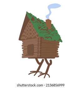 Fairy landscape hut on chicken legs. Hut on chicken legs. Russian traditional wood home. Baba Yaga house