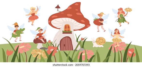 Fairy landscape with pixies flying around mushroom shaped house, cartoon vector illustration. Poster or banner for children with magic characters.