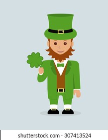 Fairy leprechaun with clover leaf on a light background.