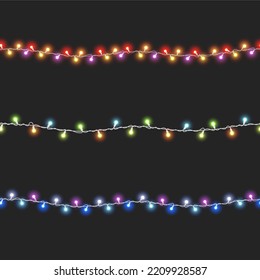 Fairy light 3D set. Led Christmas garland seamless pattern. Realistic color design, isolated black background. Hanging golden decoration neon lamp for New Year Christmas, birthday Vector illustration