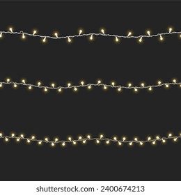 Fairy light 3D set. Led Christmas garland seamless pattern. Realistic gold design, isolated black background. Hanging golden decoration neon lamp for 