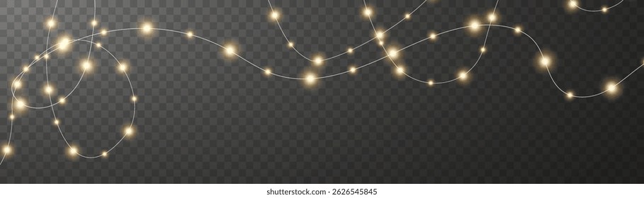 Fairy light chain loops across winter-themed illustrations. Holiday banner glows with elegant vintage light elements. Transparent vector set suits cards, ads, and invitations. 2026 collection