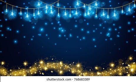 Fairy light with elegant golden concept contain more flare shape,more blue background,glowing snows,no text, and golden line on bottom.For Christmas or other celebration required  luxury theme.