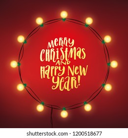 Fairy lights circle frame with hand lettering typographic badge. Christmas illustration or greeting card template. 