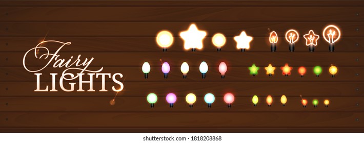 Fairy Lights Creator. Vector Illustration. Use the bulbs for creation your own garland. Wood Background.
