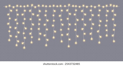 Fairy lights curtain with golden lamps realistic vector icon. Glowing garland decor for holiday 3d object illustration on transparent background