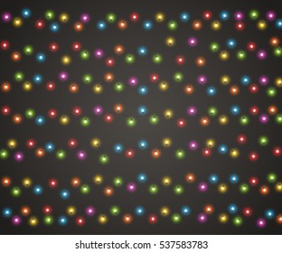 Fairy lights for festive decoration, realistic luminous bulbs. Colourful glowing Christmas garland on dark background. Light effects for New Year greeting cards, poster or flyer. Vector illustration