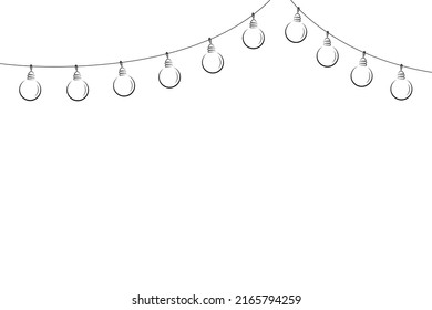 fairy lights garland, black outline isolated vector decoration, string of outdoor lights, holiday lamps for wedding or birthday cards, new year banners, party posters