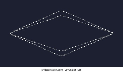 Fairy lights geometric border frame. White string garland with text space isolated on dark background. Christmas tree, New Year party decorations template with transparency. 