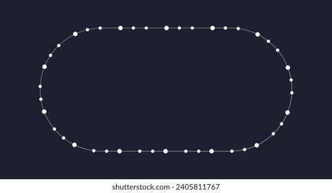 Fairy lights geometric oval border frame. White string garland with text space isolated on dark background. Christmas tree, New Year party decorations template with transparency. 