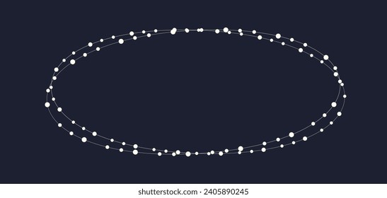 Fairy lights geometric oval border frame. White string garland with text space isolated on dark background. Christmas tree, New Year party decorations template with transparency.