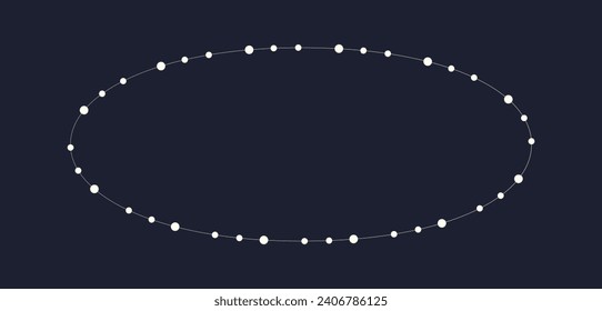 Fairy lights geometric oval border frame. White string garland with text space isolated on dark background. Christmas tree, New Year party decorations template with transparency.
