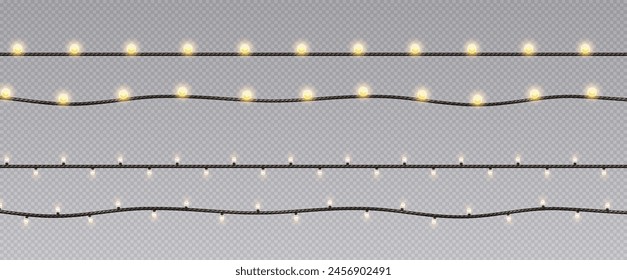 Fairy lights glowing lines 3d realistic vector illustration set. Festive illuminating ornament design. Lamp garlands on transparent background