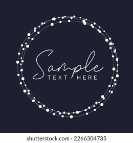 Fairy lights round border frame. White string garland in circle shape and text space isolated on dark background. Christmas tree, New Year party decorations template with transparency. 
