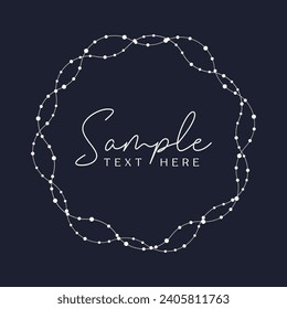 Fairy lights round border frame. White string garland in circle shape and text space isolated on dark background. Christmas tree, New Year party decorations template with transparency. 