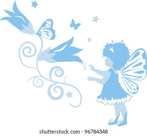 Fairy little girl silhouette isolated on white background with flowers, Vector illustration