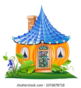 A fairy little house made of pumpkin. Cheerful vector illustration.