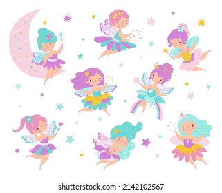Fairy little princess. Cartoon cute fairies flying and rest on moon. Child tale doll and magic characters. Pretty dancers from children book, nowaday vector kit