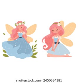 Conjunto de princesitas de hadas. Hadas lindas de dibujos animados volando. Muñeca de cuento infantil y personajes mágicos.