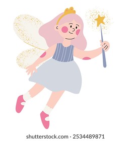 Fairy little princess wearing crown and holding a star magic wand. Hand drawn artwork for kids prints, wallpapers, postcards, birthday banners.