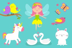 Fairy Little Princess With Wings. Flower Dress. Magic Animal Set. Unicorn, Swan, Bird, Butterfly, Rabbit Bunny. Cute Cartoon Kawaii Funny Baby Character. Flat Design. Blue Background. Isolated. Vector