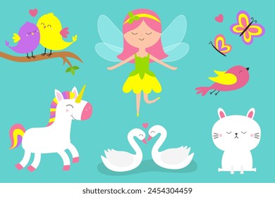 Fairy little princess with wings. Flower dress. Magic animal set. Unicorn, swan, bird, butterfly, rabbit bunny. Cute cartoon kawaii funny baby character. Flat design. Blue background. Isolated. Vector