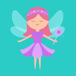 Fairy Little Princess With Wings. Flying Fairies. Paper Doll. Violet Flower Dress. Hair Decoration, Magic Wand. Cute Cartoon Kawaii Funny Magic Character. Flat Design. Green Background Isolated Vector
