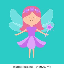 Fairy little princess with wings. Flying fairies. Paper doll. Violet flower dress. Hair decoration, magic wand. Cute cartoon kawaii funny magic character. Flat design. Green background Isolated Vector