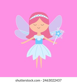 Fairy little princess with wings. Flying fairies. Paper doll. Blue flower dress. Hair decoration, magic wand. Cute cartoon kawaii funny magic character. Flat design. Purple background Isolated. Vector