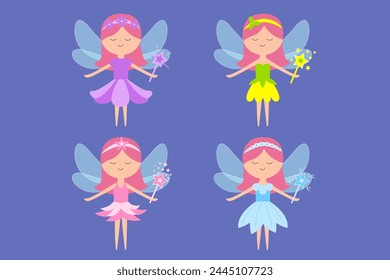 Fairy little princess with wings. Paper doll set. Different flower dress set. Hair decoration, magic wand. Cute cartoon kawaii funny magic character. Flat design. Violet background. Isolated. Vector