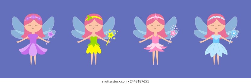 Fairy little princess with wings. Paper doll set line. Different flower dress set. Hair decoration, magic wand. Cute cartoon kawaii funny magic character. Flat design. Violet background. Vector