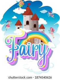 Fairy logo with little fairies on rainbow sky background illustration
