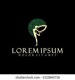 Fairy logo template with healthy beauty woman and nature rounded leaf symbol in flat design pictogram illustration