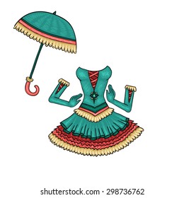 fairy lush stylish short dress with gloves and umbrella in hand-drawn style for the elegant woman princess