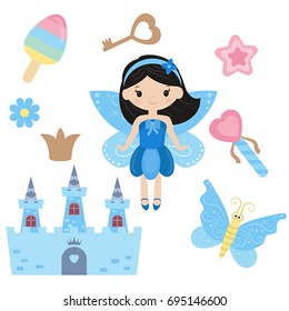 Fairy with magic design elements on white background.